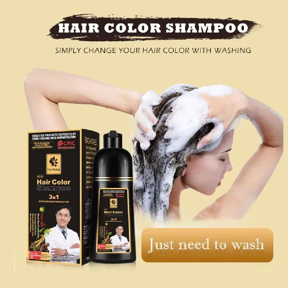 Jelieora Venture 3-in-1 darkening hair colour shampoo for hair and scalp care, showing the shampoo bottle with dark liquid inside.