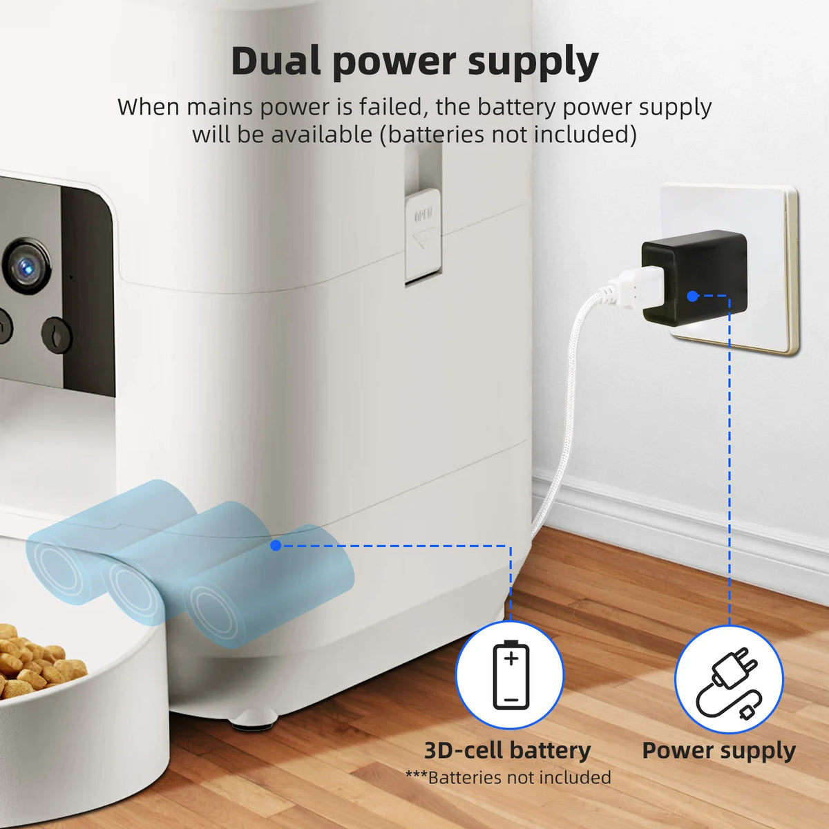 Jelieora Venture 2L automatic pet feeder with Wi-Fi, camera, and remote app control for cats and dogs, no power plug included.