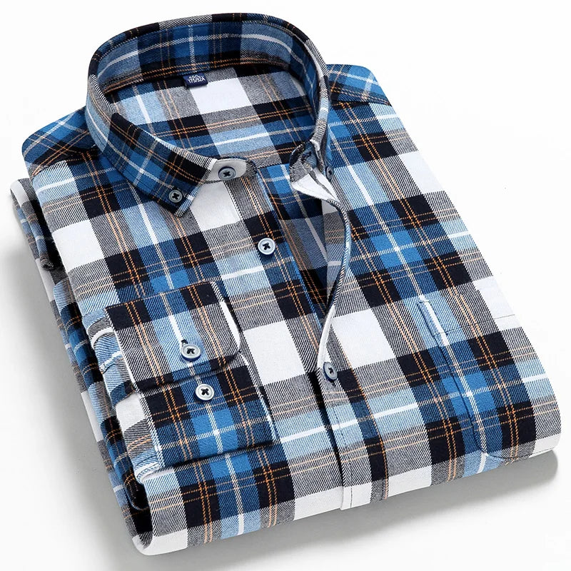 Men's 100% cotton flannel plaid shirt in classic red and black, featuring button-down front and long sleeves.