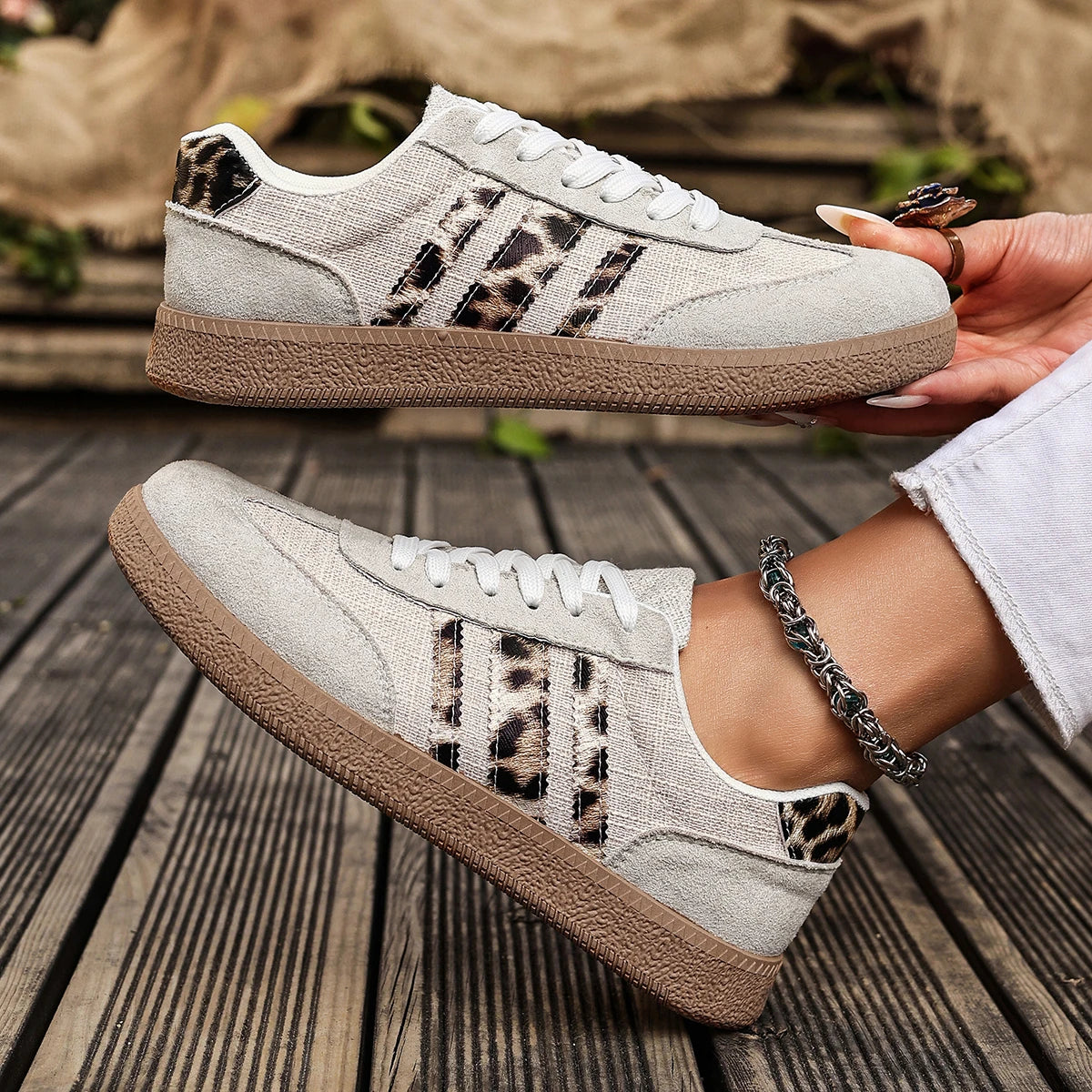 Women's Leopard Print Casual Sports Shoes | Lace-Up Anti-Slip Trainers