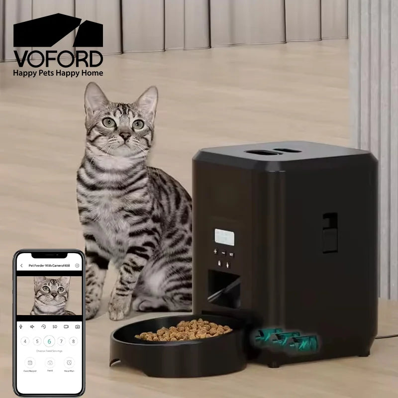 Smart automatic pet feeder with timer by Jelieora Venture, showing a sleek device dispensing food for pets.