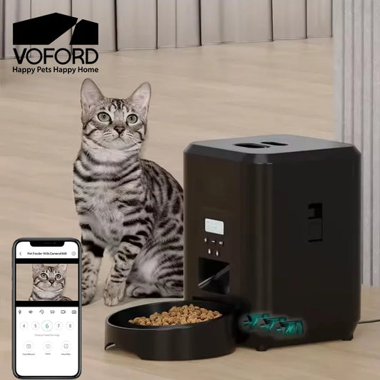 Smart automatic pet feeder with timer by Jelieora Venture, showing a sleek device dispensing food for pets.