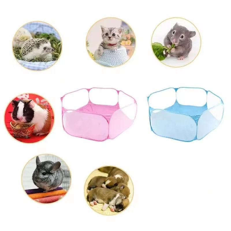 Portable transparent foldable pet playpen tent for small animals like puppies, cats, hamsters, rabbits, and guinea pigs by Jelieora Venture.