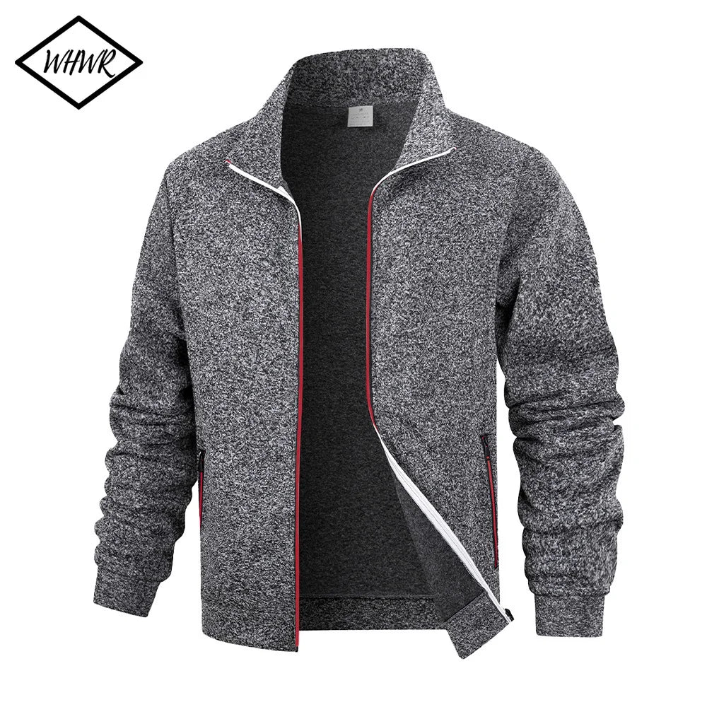 Men's fleece zip jacket by Jelieora Venture, shown in black with a full front zipper and stand-up collar for casual warmth and comfort.
