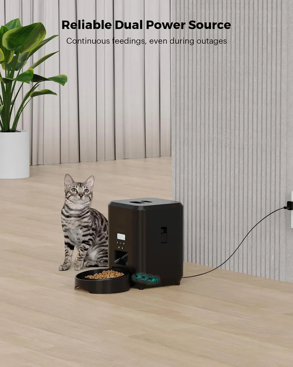 Jelieora Venture smart automatic pet feeder with timer, featuring a digital display and food dispensing tray for pets.