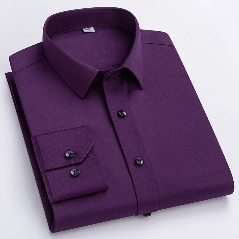 Men's slim fit long sleeve shirt by Jelieora Venture, shown in dark blue with a classic collar and button-down front.