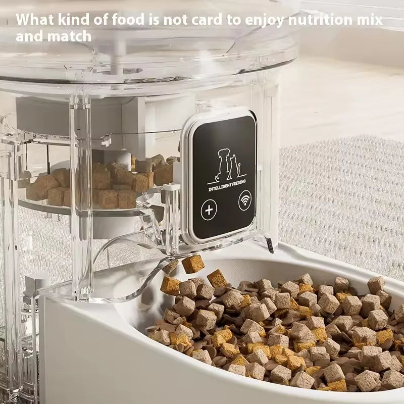 Jelieora Venture automatic pet feeder for dogs and cats with smart timer, remote control, and visible food dispenser for puppies and kittens.