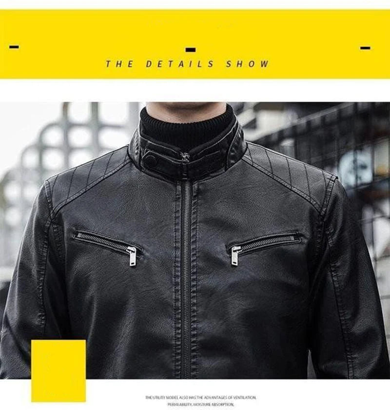 Men's black faux leather biker jacket by Jelieora Venture with silver zipper details and classic motorcycle style.