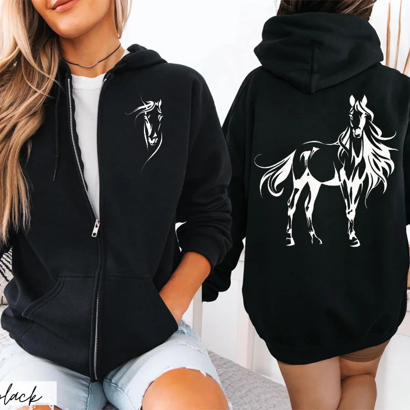 Women's horse print hoodie by Jelieora Venture featuring a stylish horse graphic on soft fabric.
