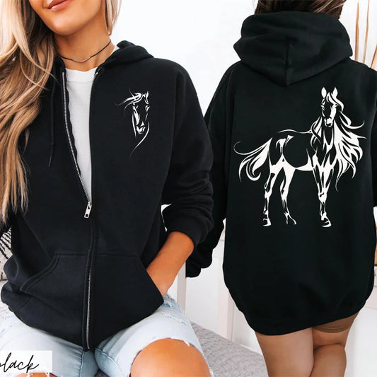 Women's horse print hoodie by Jelieora Venture featuring a stylish horse graphic on soft fabric.