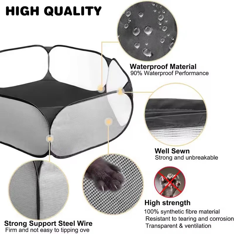 Portable transparent foldable pet playpen by Jelieora Venture, small animal cage for puppies, cats, hamsters, rabbits, and guinea pigs.