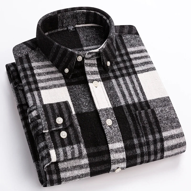 Men's cotton herringbone plaid shirt by Jelieora Venture, showing front view with collar and button-down design in various plaid patterns.