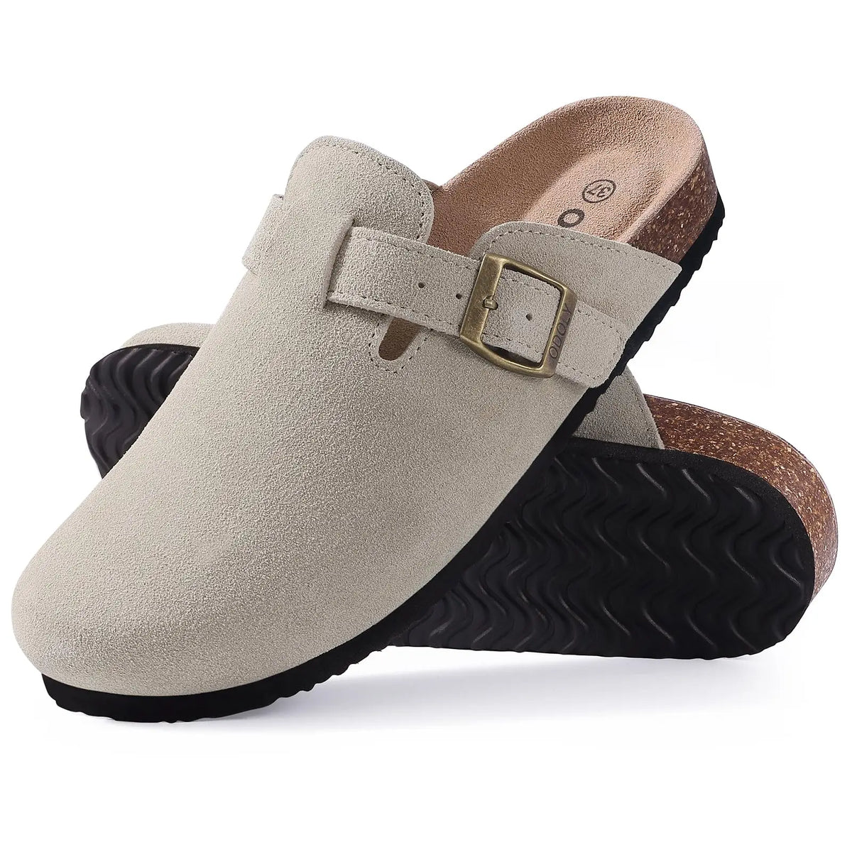 Women's cork sole suede mule clogs with adjustable buckle by Jelieora Venture, featuring stylish design and comfortable fit.