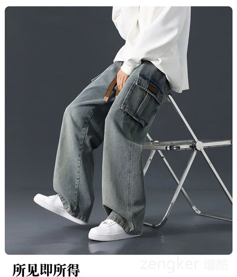 Men's plus size wide leg jeans with elasticated waistband by Jelieora Venture, relaxed fit bottoms with loose, comfortable style.