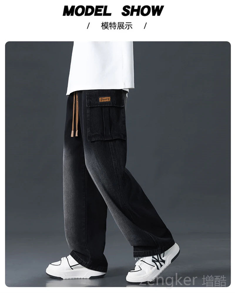 Men's plus size loose wide leg jeans with elasticated waist from Jelieora Venture, shown on a model with casual styling.
