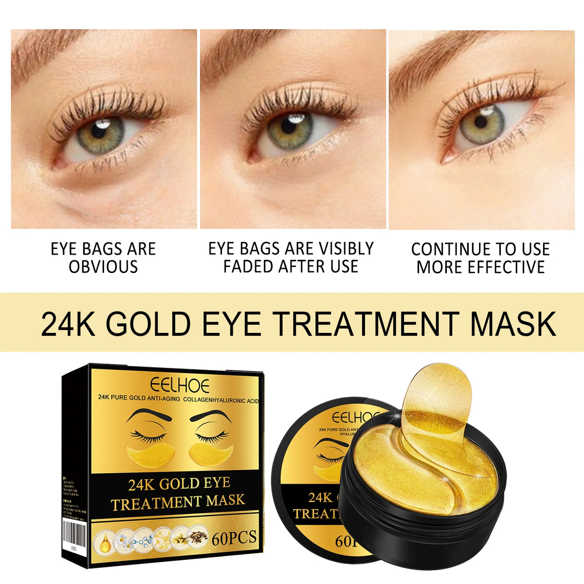 EELHOE 24k gold under eye patches by Jelieora Venture, 60 pcs, collagen and hyaluronic acid eye masks for anti-aging skincare.