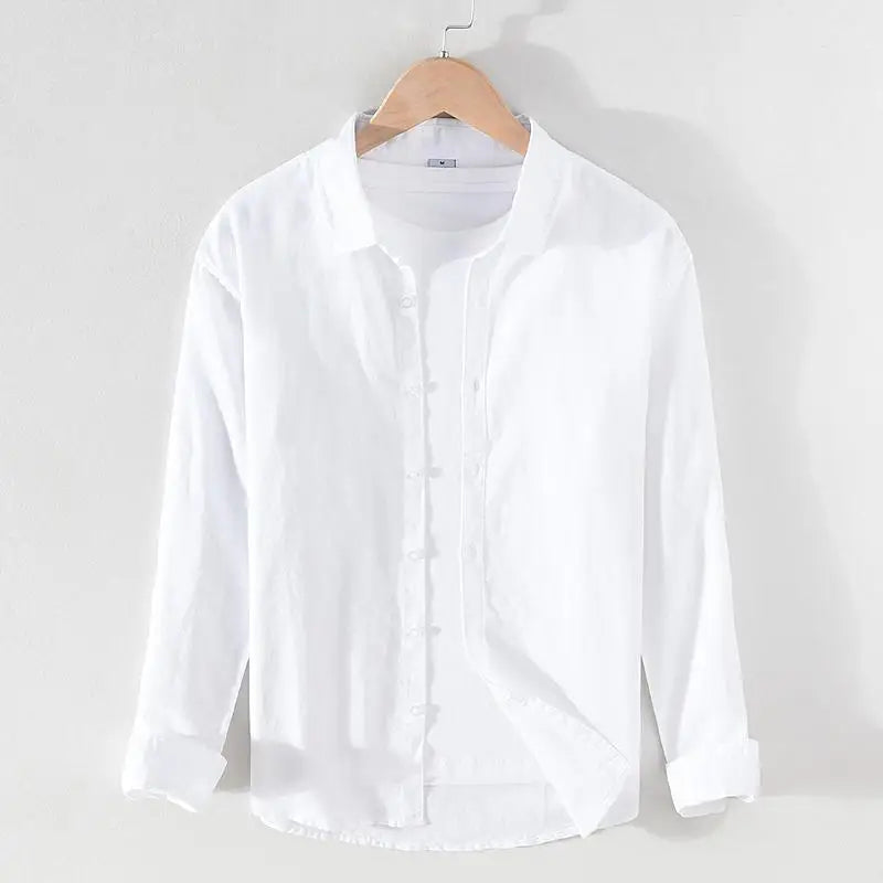 Men's linen long sleeve shirt by Jelieora Venture, light and breathable fabric, shown in a neutral color with a button-up front.