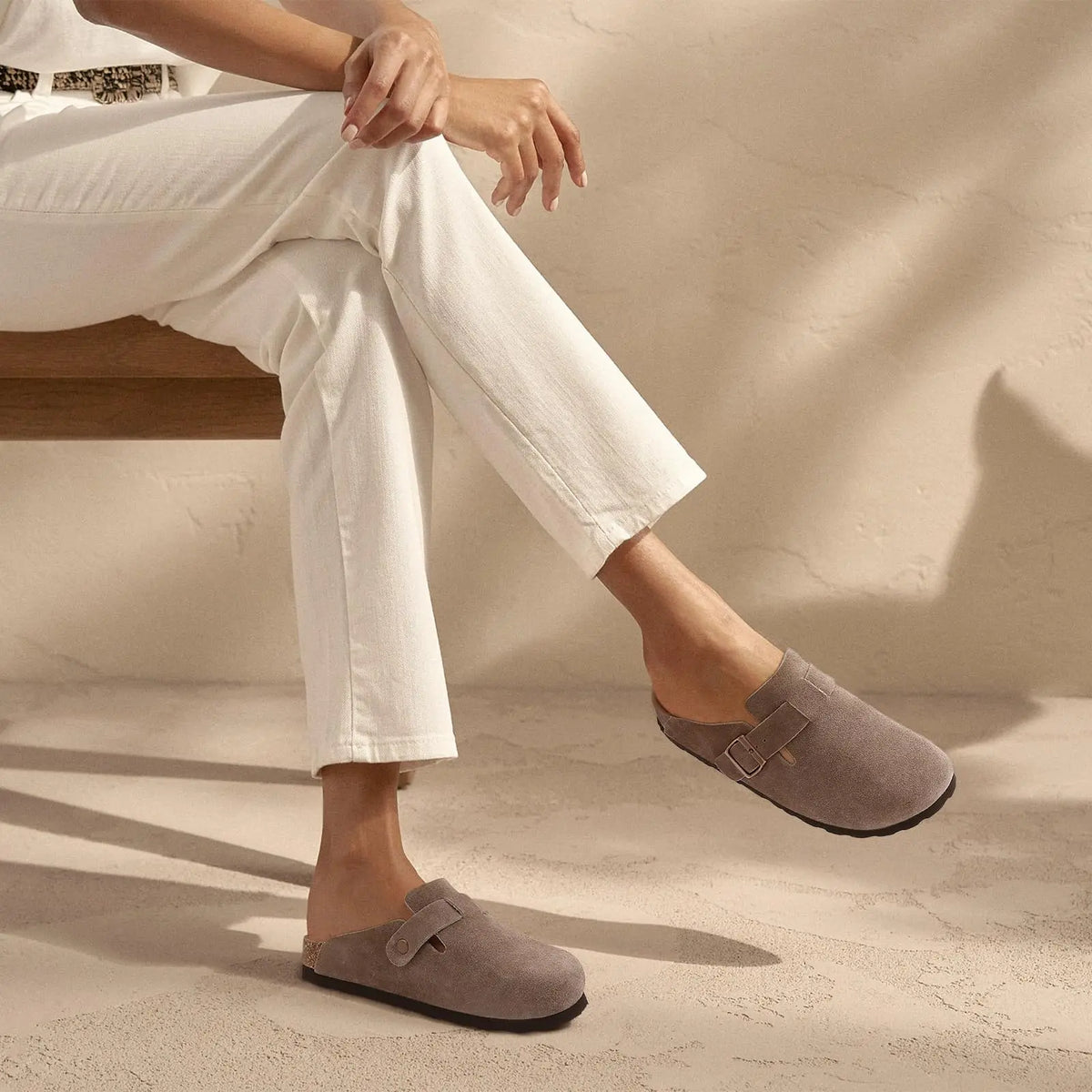Women's suede cork footbed mule clogs by Jelieora Venture, showing beige slip-on footwear with cushioned cork soles.