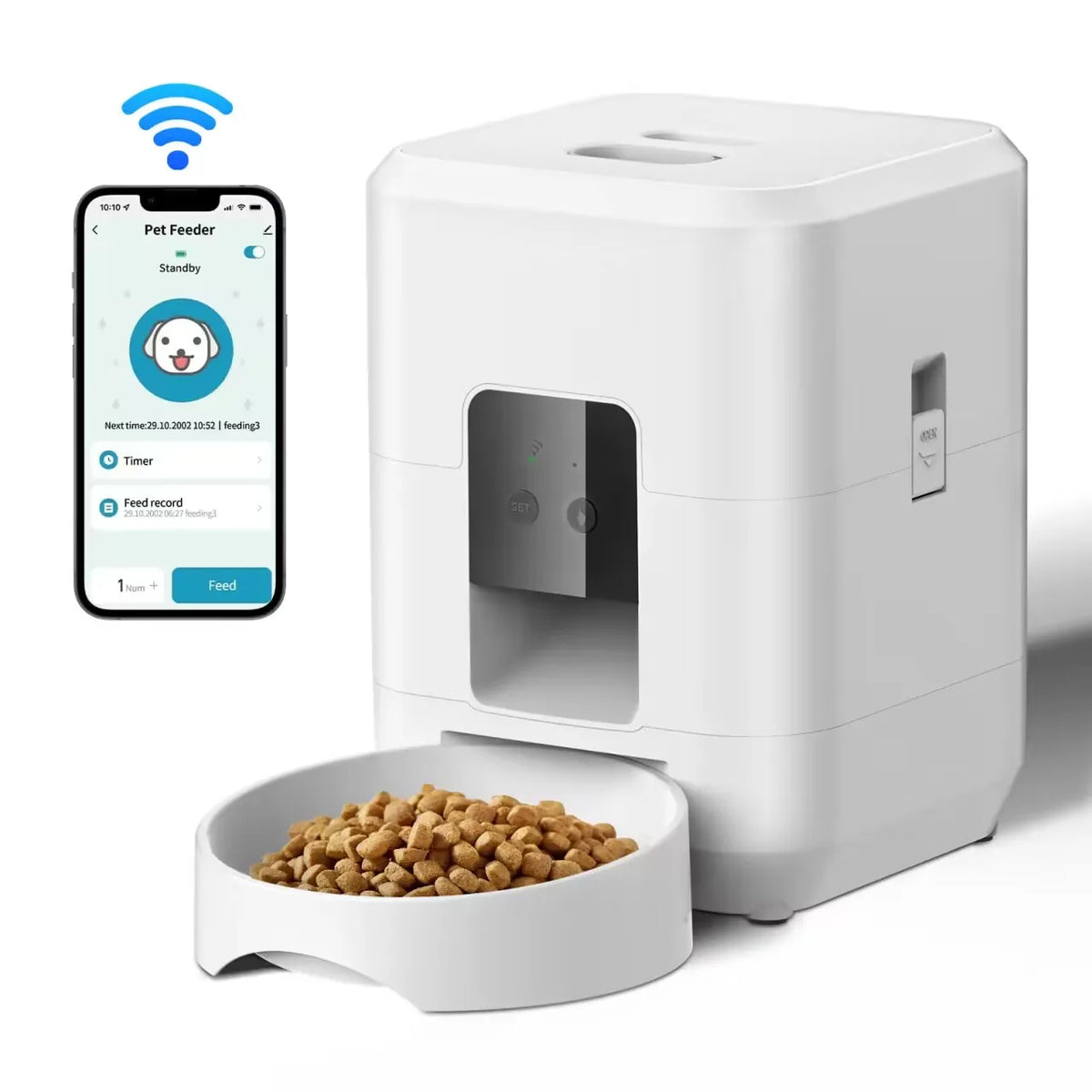 Jelieora Venture automatic pet feeder for cats and dogs, featuring a timed, quantitative food dispenser with a bowl for pet feeding.