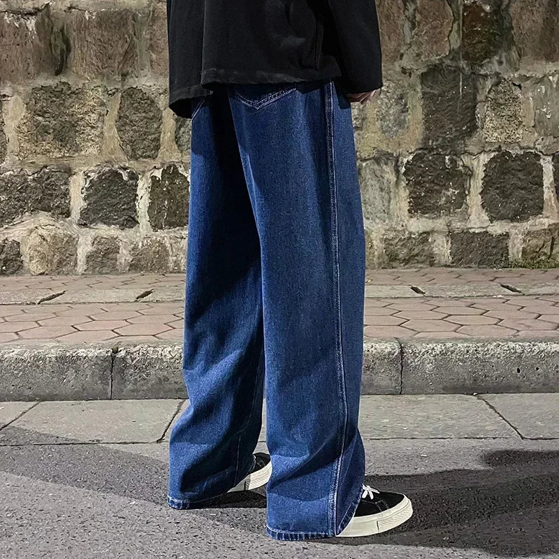 Men's wide leg streetwear jeans by Jelieora Venture, shown in a casual fit with a relaxed wide leg style.