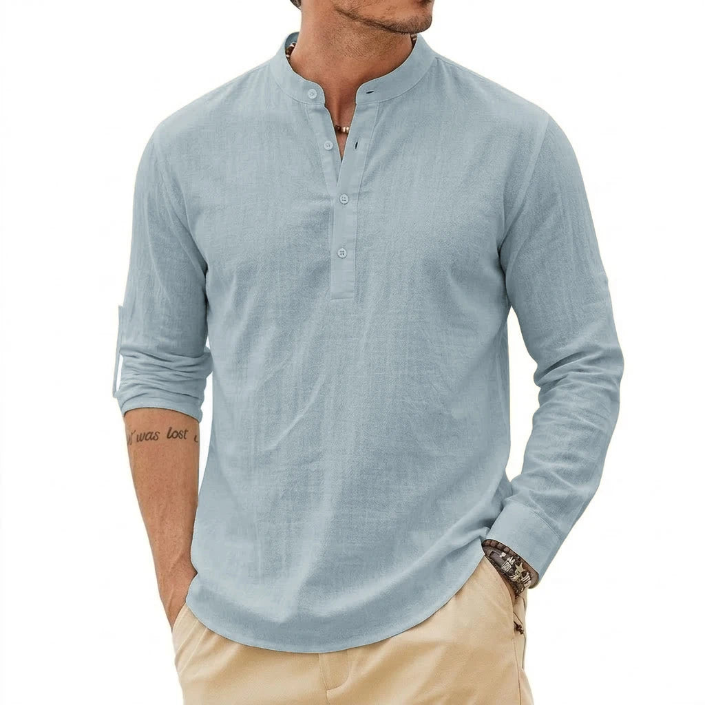 Men's linen Henley shirt by Jelieora Venture, featuring a casual fit with a buttoned neckline and lightweight, breathable fabric.