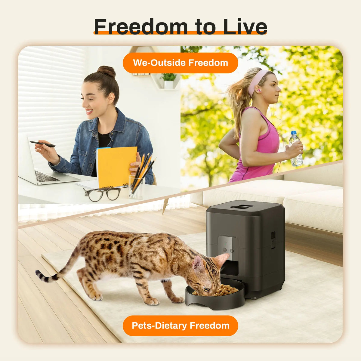 Jelieora Venture automatic pet feeder for cats and dogs, with timed, slow food dispensing and a durable bowl for pet feeding.