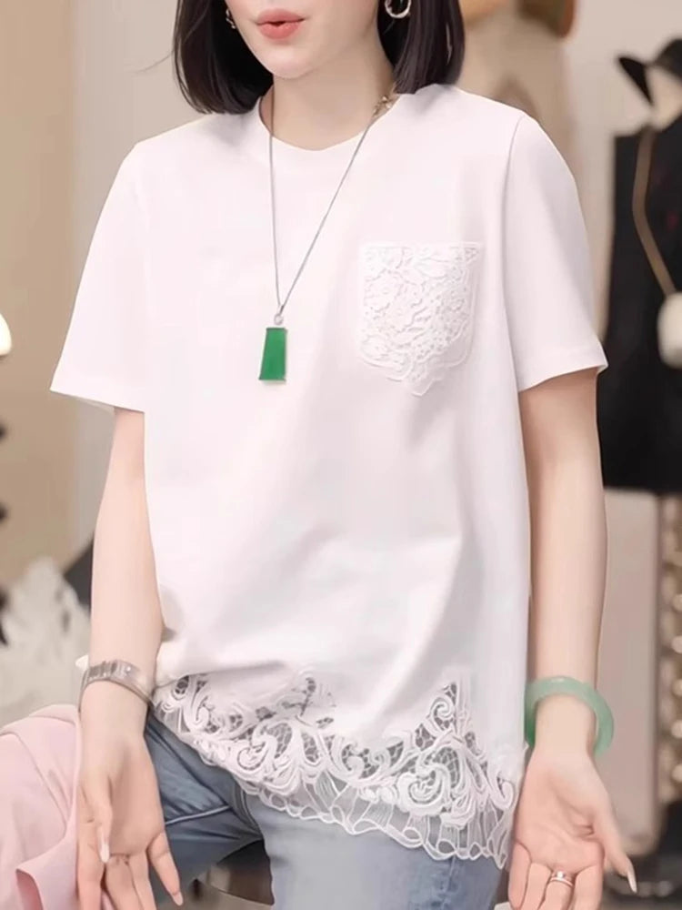 Women's lace hollow top by Jelieora Venture featuring intricate lace details and a stylish design.