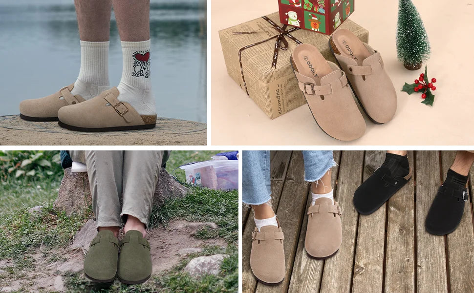 Women's suede mule clogs with cork soles and adjustable buckle by Jelieora Venture, shown with a comfortable slip-on design.