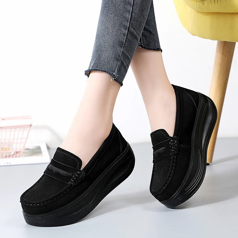 Women's cow suede platform loafers by Jelieora Venture featuring stylish, comfortable footwear with a sleek design and sturdy soles.