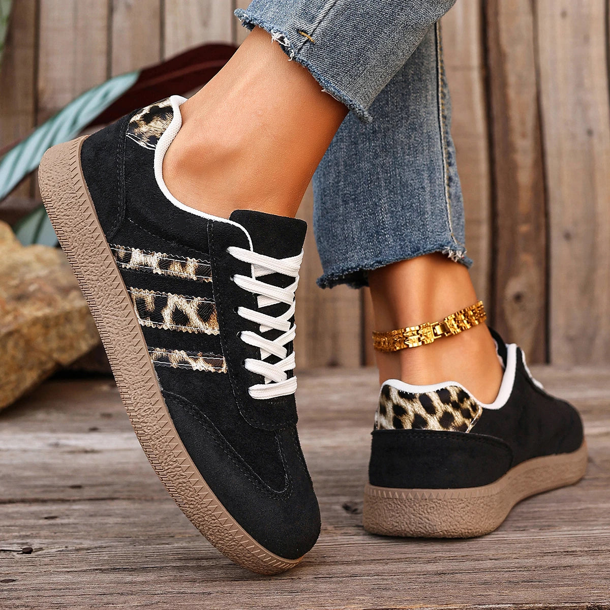 Women's Leopard Print Casual Sports Shoes | Lace-Up Anti-Slip Trainers