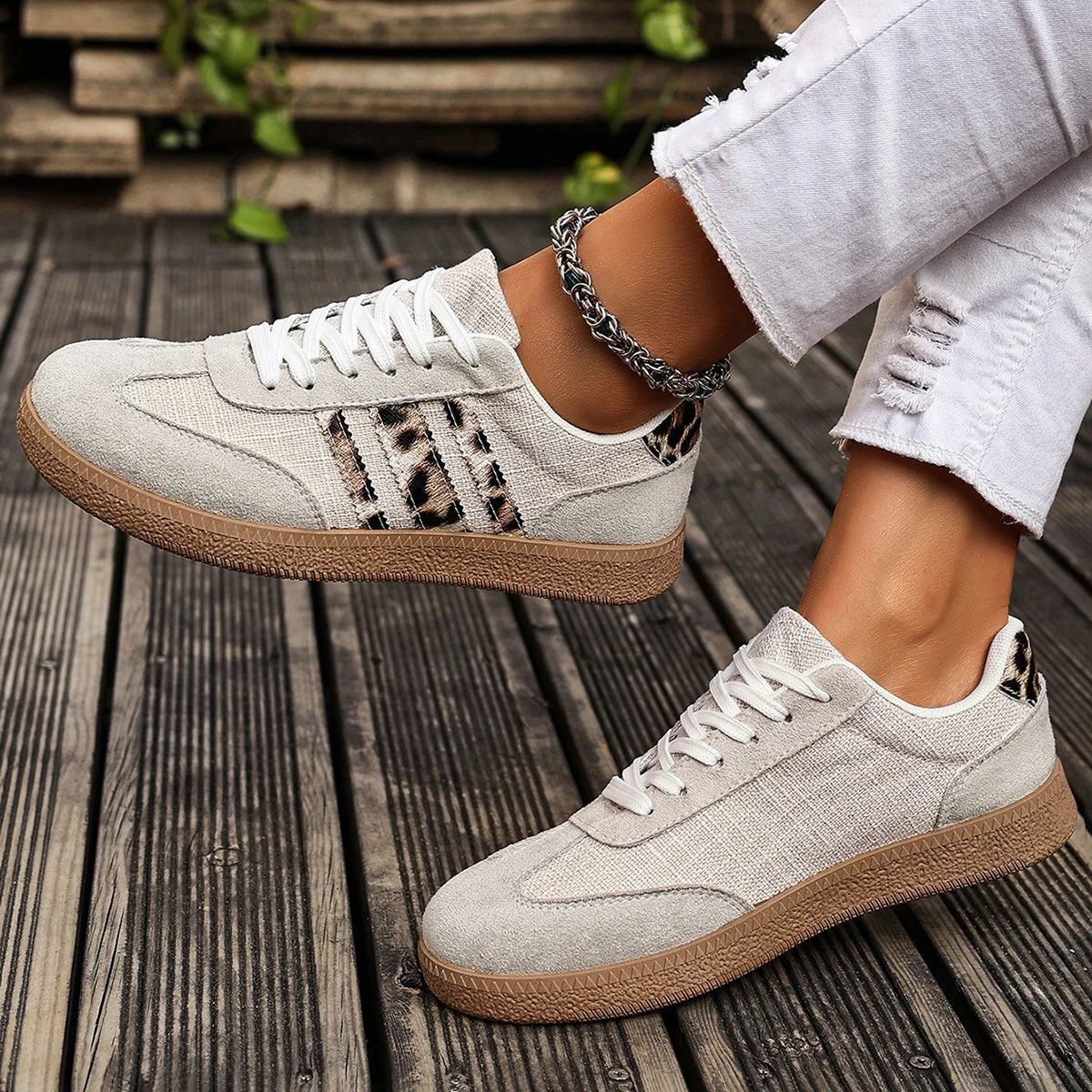 Women's Leopard Print Casual Sports Shoes | Lace-Up Anti-Slip Trainers