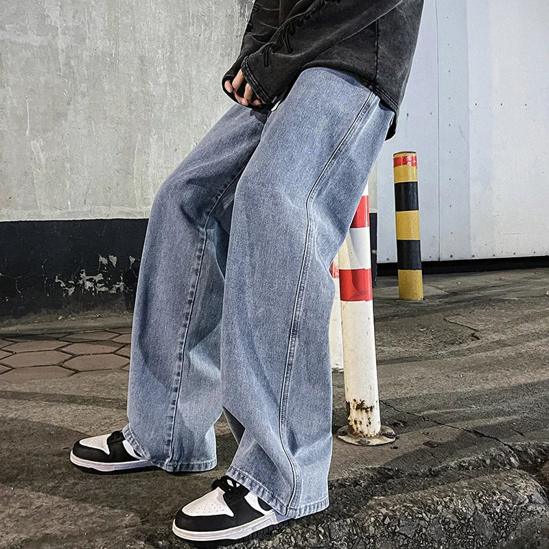 Men's wide leg streetwear jeans by Jelieora Venture, featuring a relaxed fit and casual style.