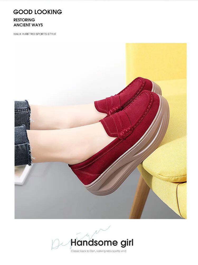 Women's cow suede platform loafers by Jelieora Venture featuring a sleek design and comfortable slip-on style.
