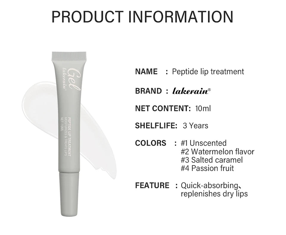 Jelieora Venture Lakerain Peptide Lip Treatment gel in 10ml, transparent moisturizing lip balm with hydrating, repairing, and plumping benefits.