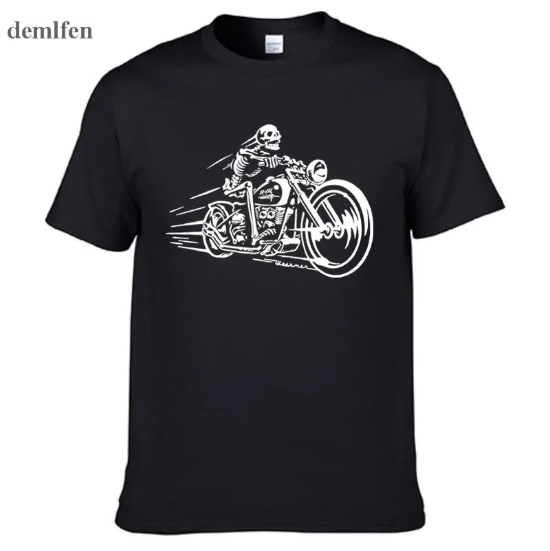Men's 3D motorcycle biker print T-shirt by Jelieora Venture featuring a bold biker design on black fabric.
