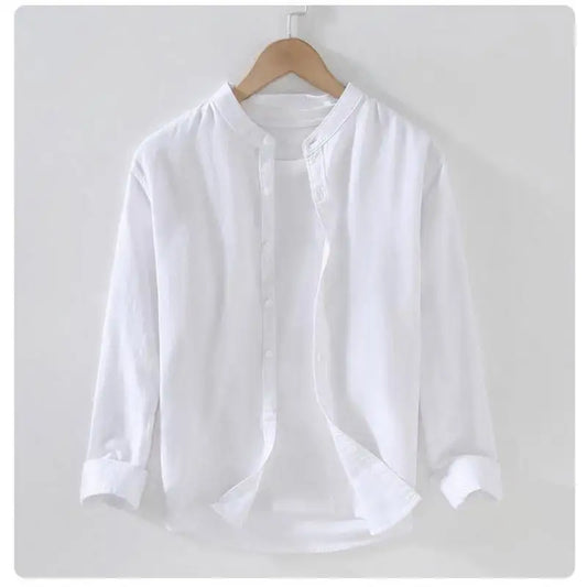 Men's linen long sleeve shirt by Jelieora Venture, light-colored fabric with a relaxed fit and button-up front.