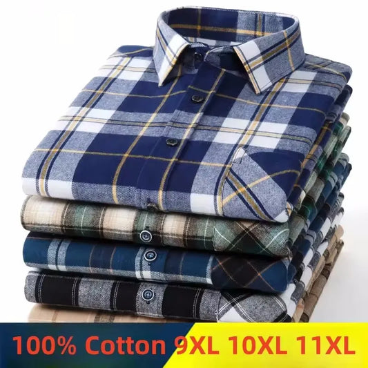 Men's cotton flannel plaid shirt by Jelieora Venture in extended sizes up to 11XL, showcasing a classic checkered pattern and button front.