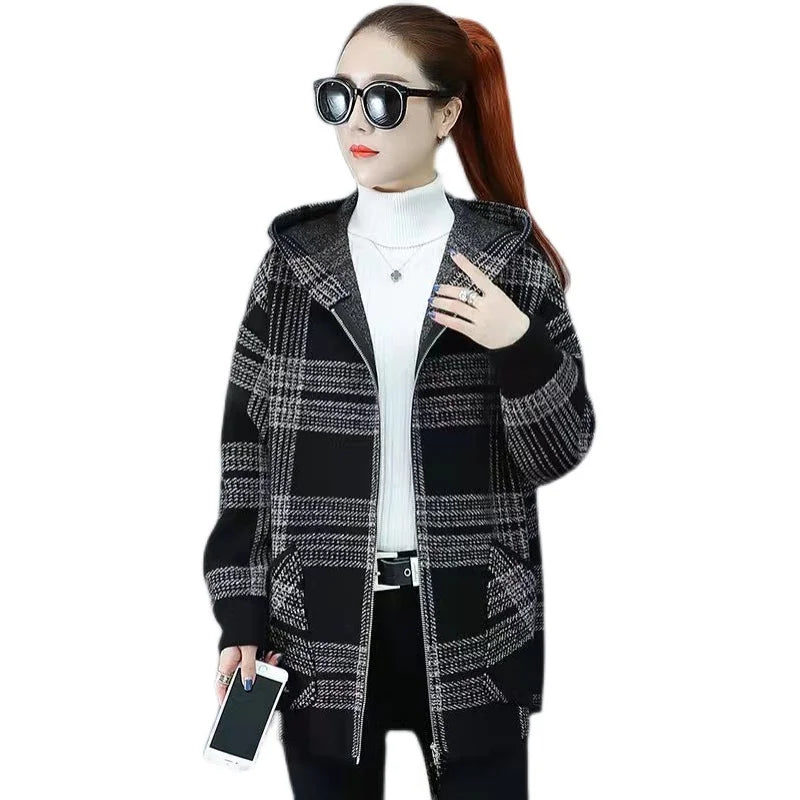 Women's plus size plaid fleece-lined coat by Jelieora Venture, featuring a cozy plaid pattern and warm fleece interior.