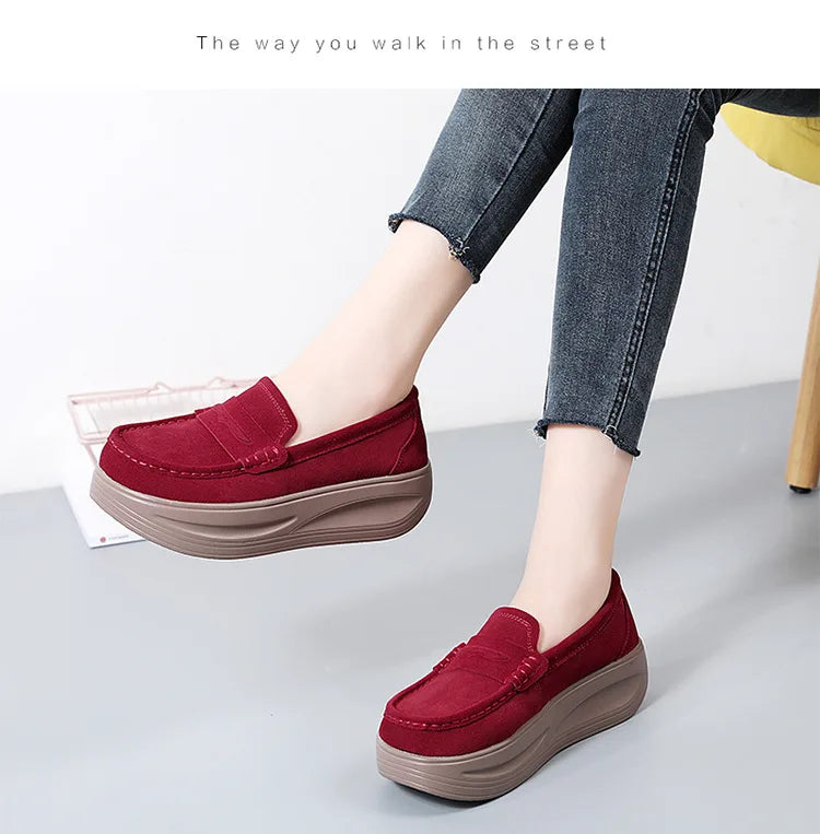 Women's cow suede platform loafers by Jelieora Venture featuring a stylish slip-on design and chunky heel.
