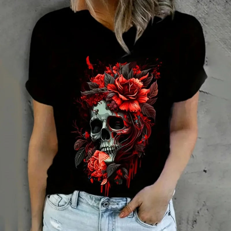 Women's skeleton print t-shirt by Jelieora Venture featuring a detailed skeletal design on soft fabric.
