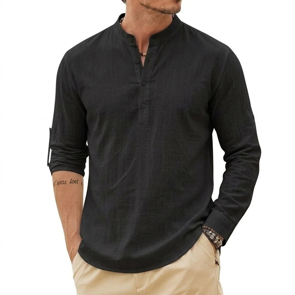 Men's linen Henley shirt by Jelieora Venture, featuring a relaxed fit, buttoned neckline, and lightweight breathable fabric.