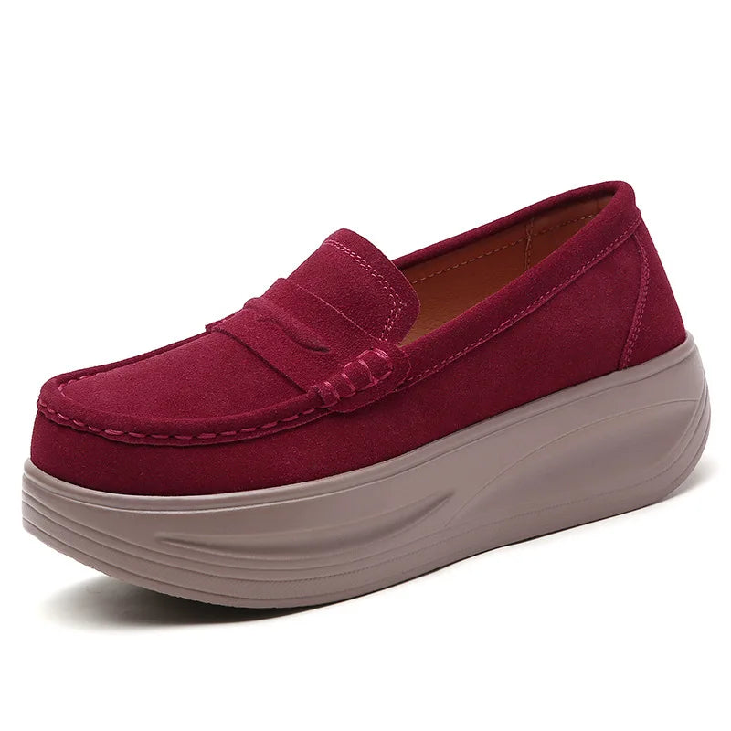 Women's cow suede platform loafers by Jelieora Venture featuring a stylish slip-on design and chunky sole.