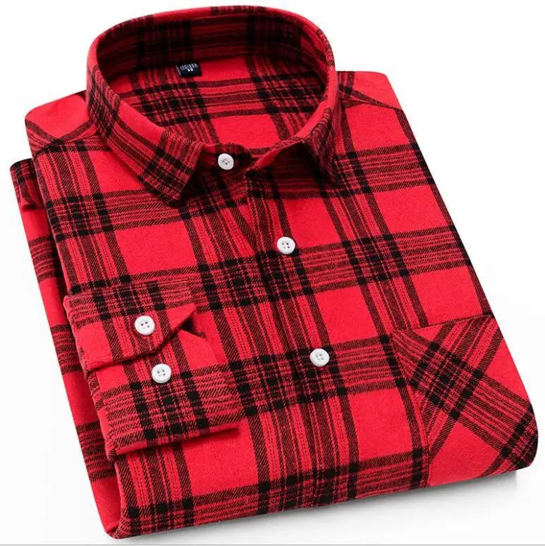 Men's 100% cotton flannel plaid shirt from Jelieora Venture, shown in a classic red and black checkered pattern.