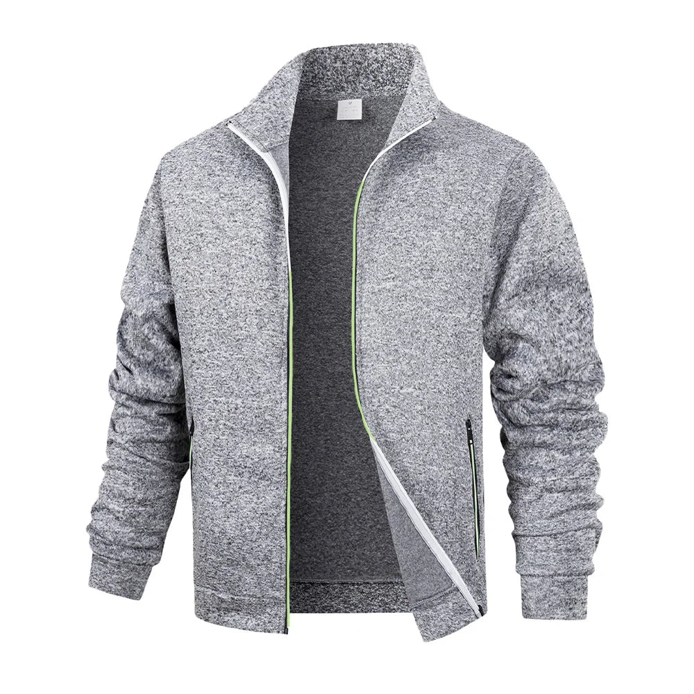 Men's fleece zip jacket by Jelieora Venture, showing a navy blue fleece jacket with a front zipper and stand-up collar.