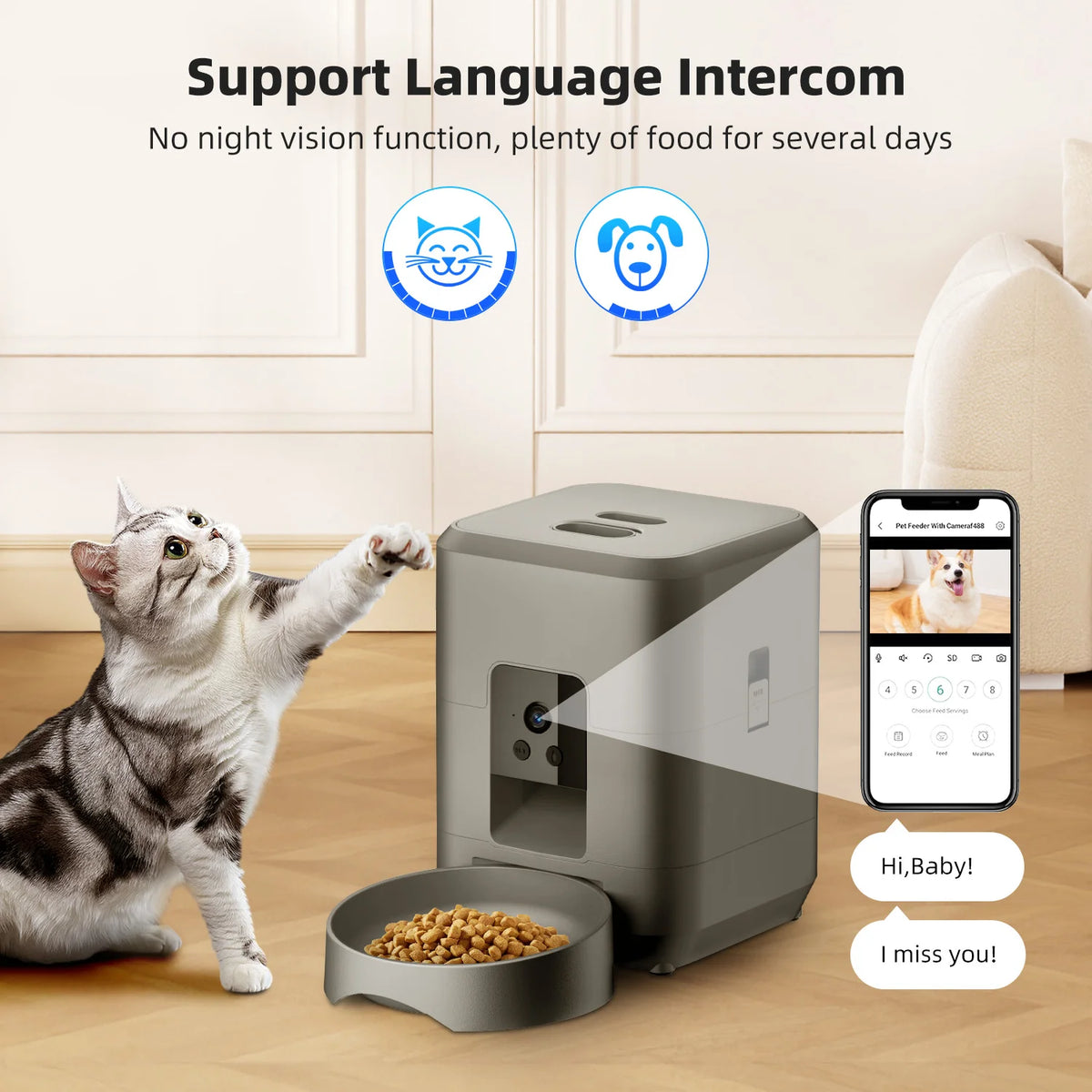Jelieora Venture 2L automatic pet feeder with Wi-Fi, camera, and remote app control for cats and dogs, no plug included.