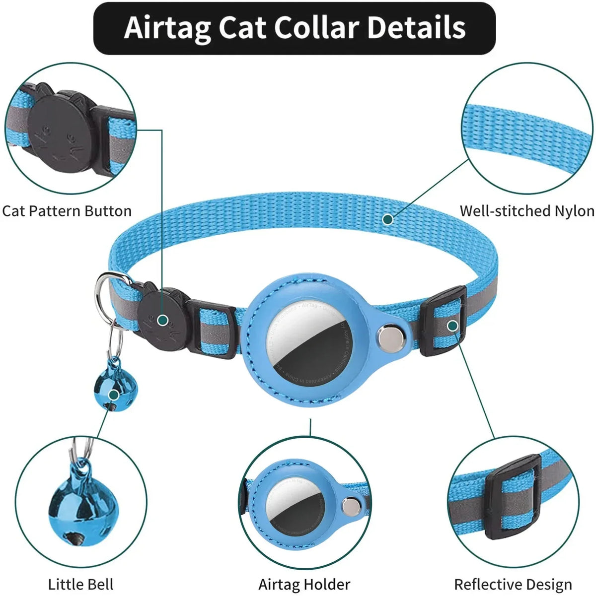 Jelieora Venture adjustable cat collar with footprint print, reflective safety necklace with bell and Airtag holder for pets.
