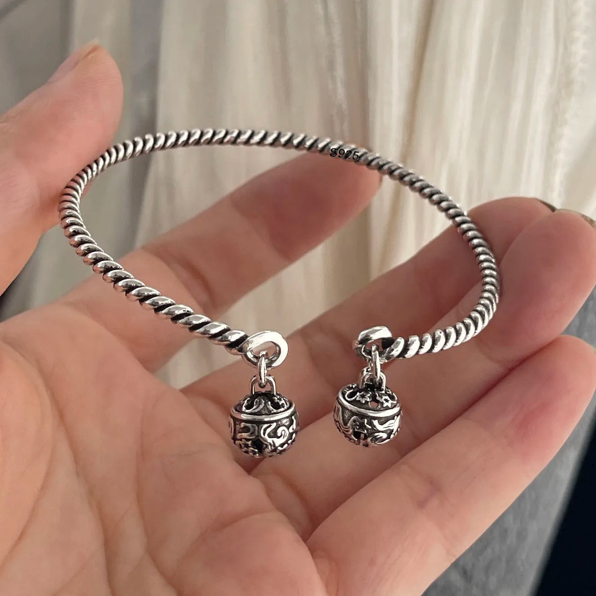 Sterling silver retro bracelet with vintage floral pattern, handmade jewelry for women and men by Jelieora Venture.