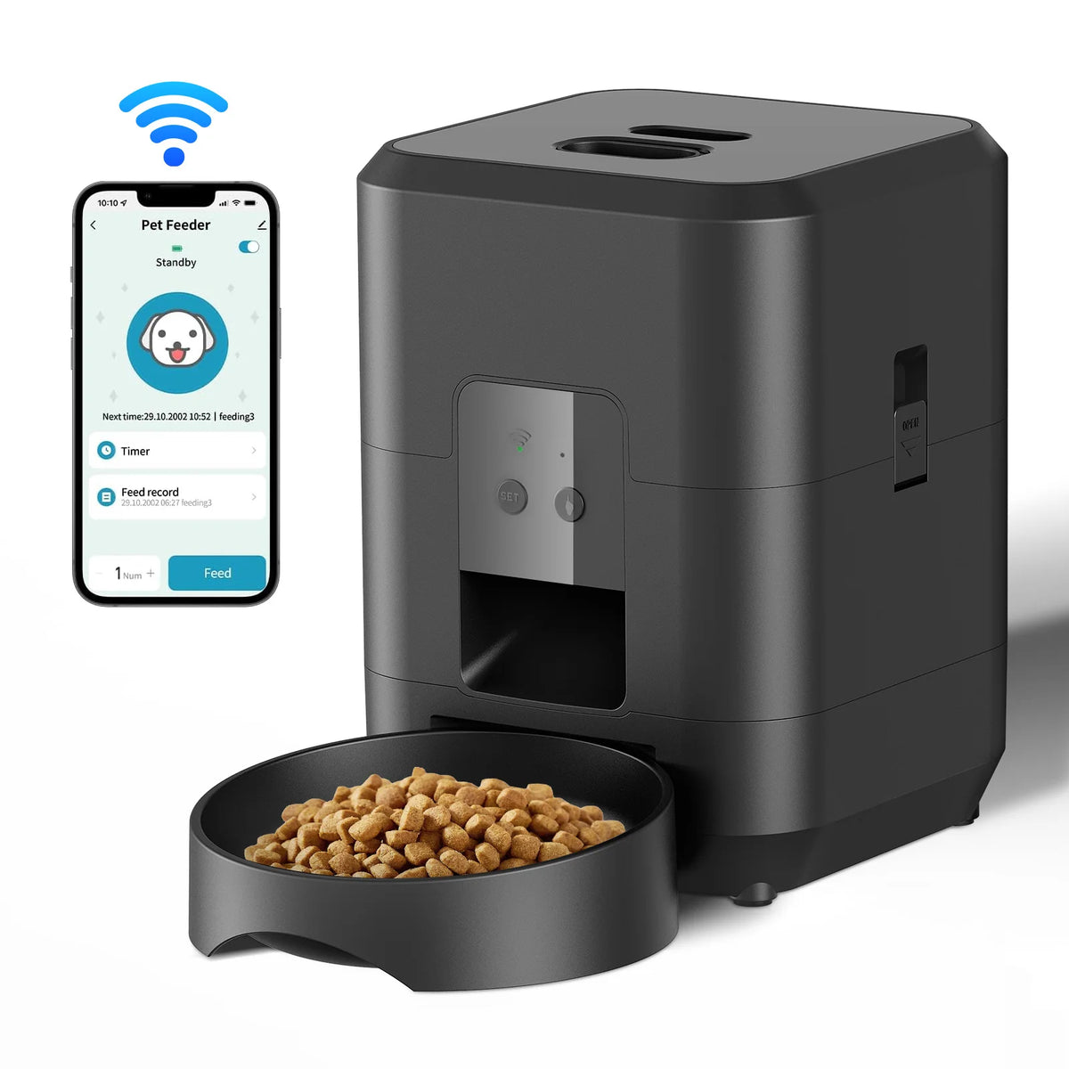Jelieora Venture automatic pet feeder for cats and dogs, with timed, programmable food dispensing and a removable bowl.