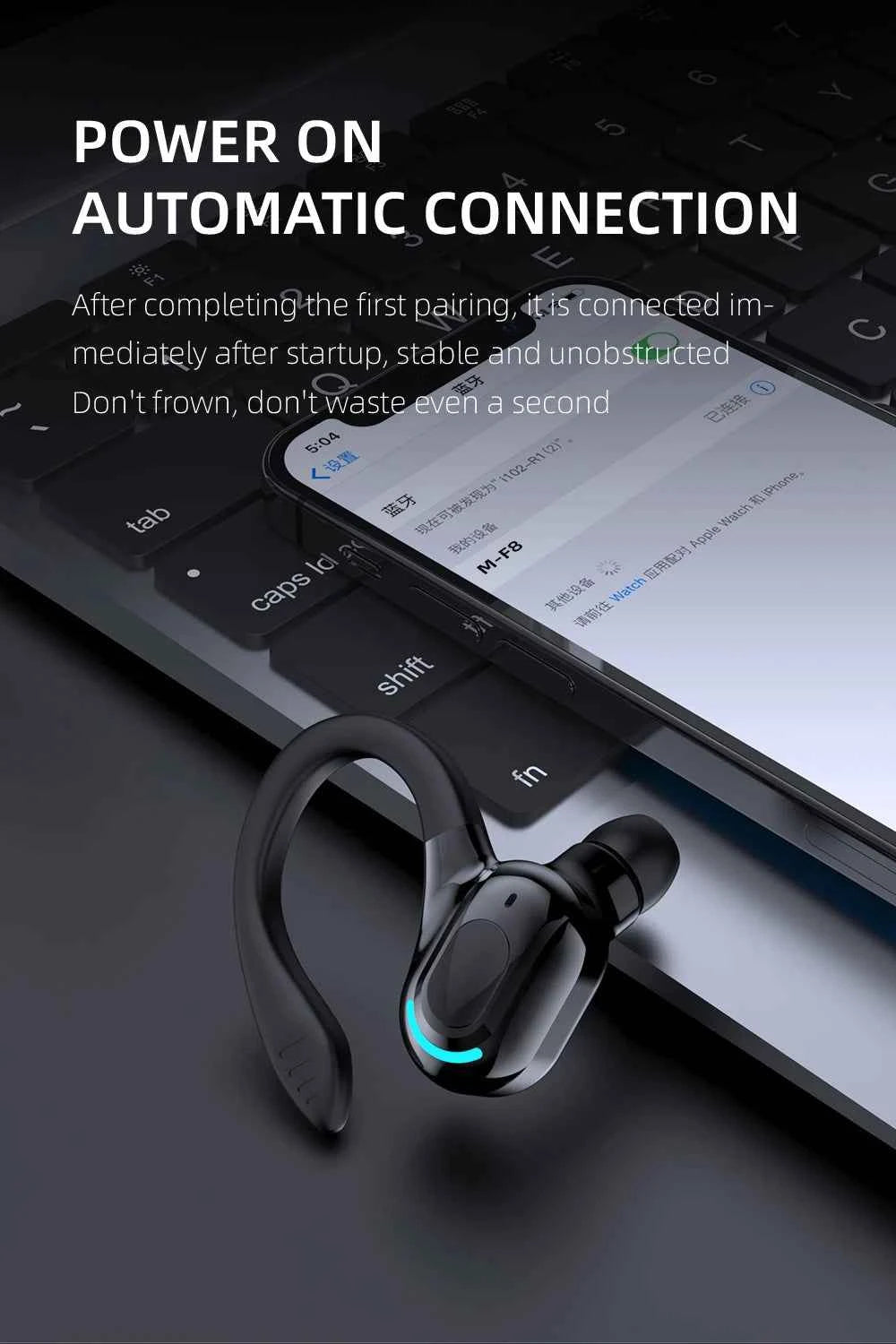 Bluetooth 5.2 Single Ear Wireless Earphone with Mic – Waterproof Mini Ear Hook (1 Earbud)