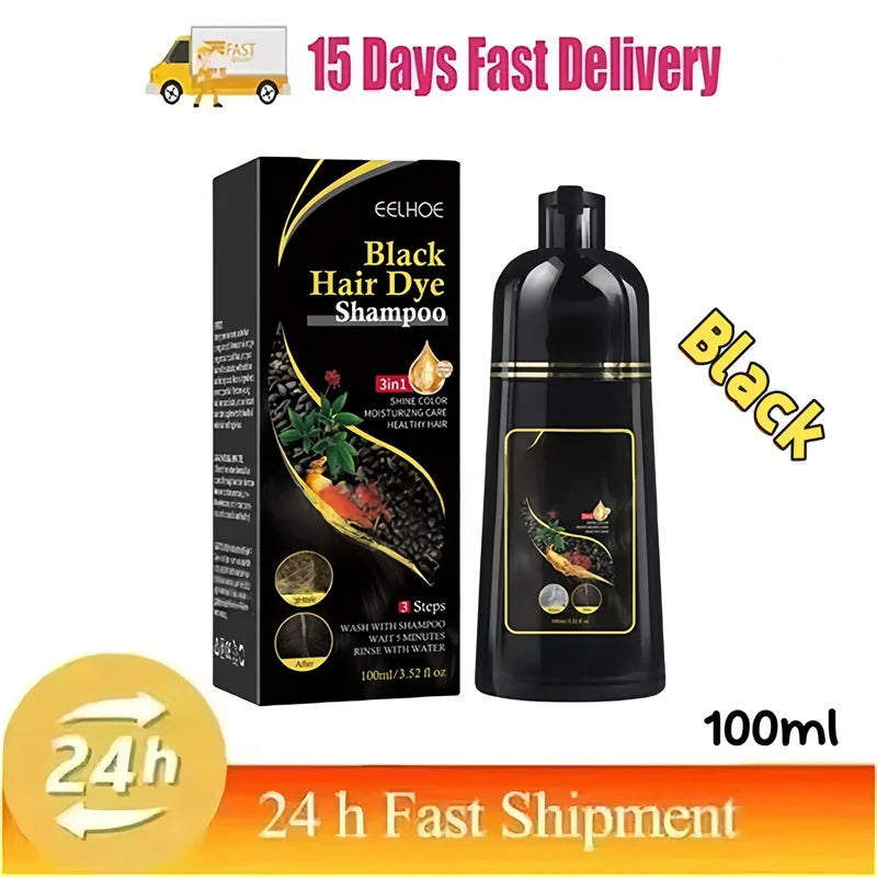 Jelieora Venture 3-in-1 darkening hair color shampoo for hair and scalp care, showing the shampoo bottle with dark liquid inside.
